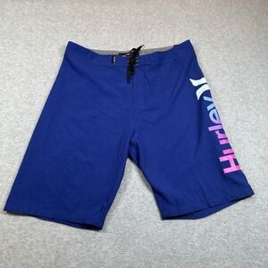 Hurley Board Shorts Boys 18/29 Swim Blue Solid 9.5 in‎ Inseam Unlined Above Knee